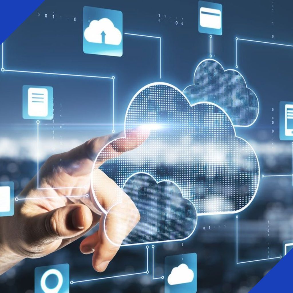 A hand interacting with a holographic cloud icon connected to a network of other icons, representing the cloud integration services from JR Digital Media.