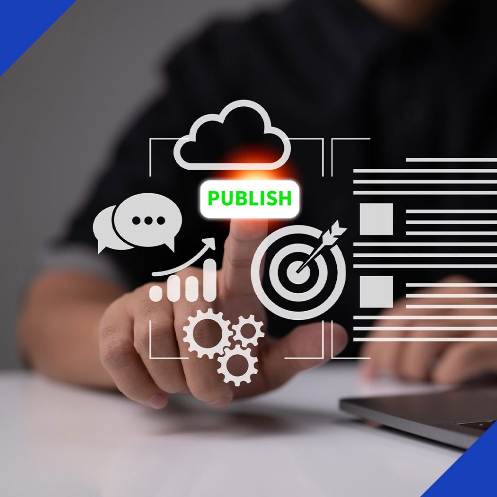 A hand presses a virtual "Publish" button on a digital interface, with icons for strategy, analytics, and targeting, representing the content publishing services from JR Digital Media.
