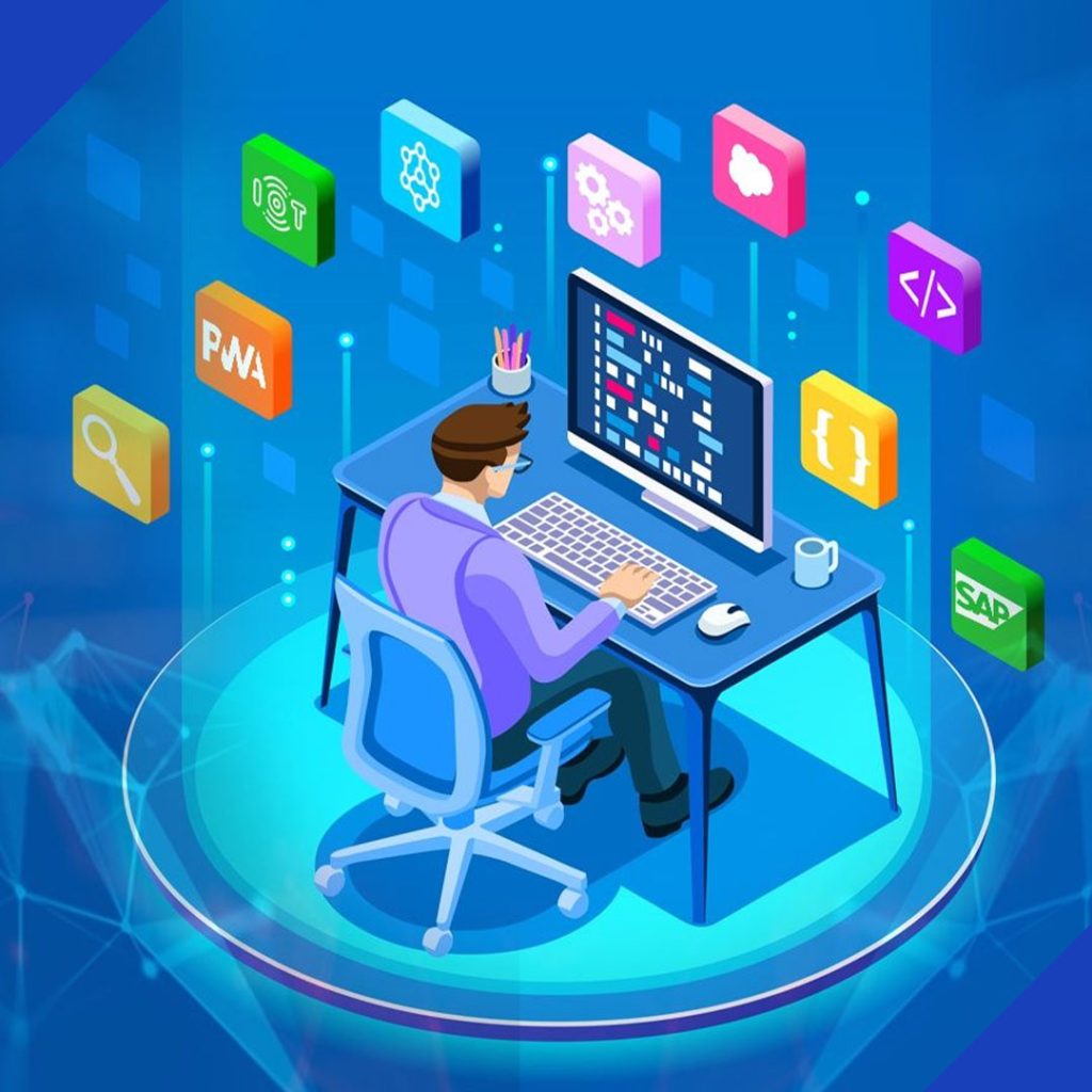 An illustration of a software developer at a desk with floating icons for IoT, cloud, and programming, symbolizing the custom software development services from JR Digital Media.
