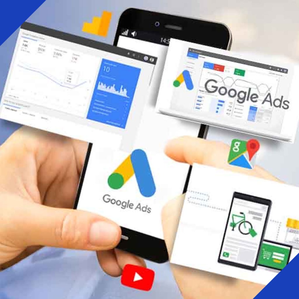 A collage of smartphones and screens showing Google Ads logos, analytics dashboards, and icons for Google Maps and YouTube, representing the comprehensive PPC services offered by JR Digital Media.