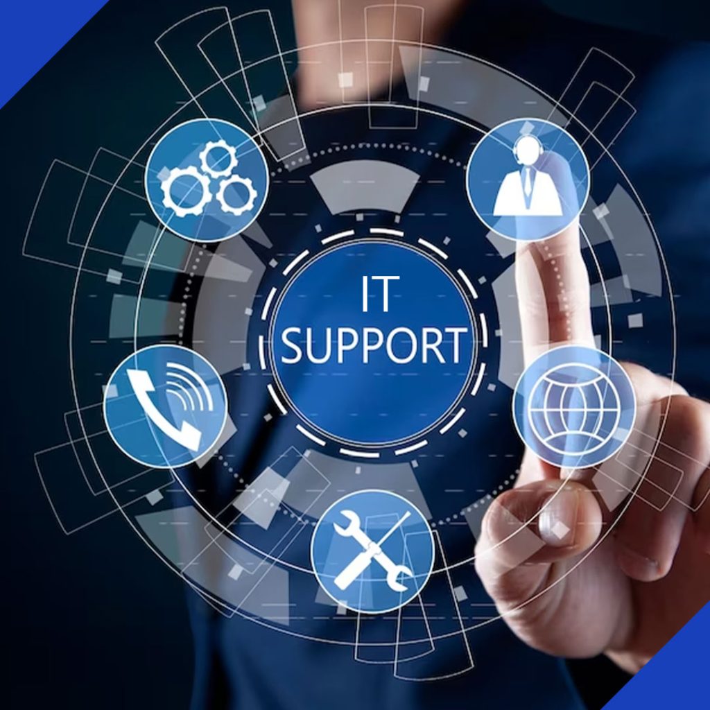 A person's hand touching a holographic interface with icons for professional and technical support, with the text "IT SUPPORT," representing the services from JR Digital Media.