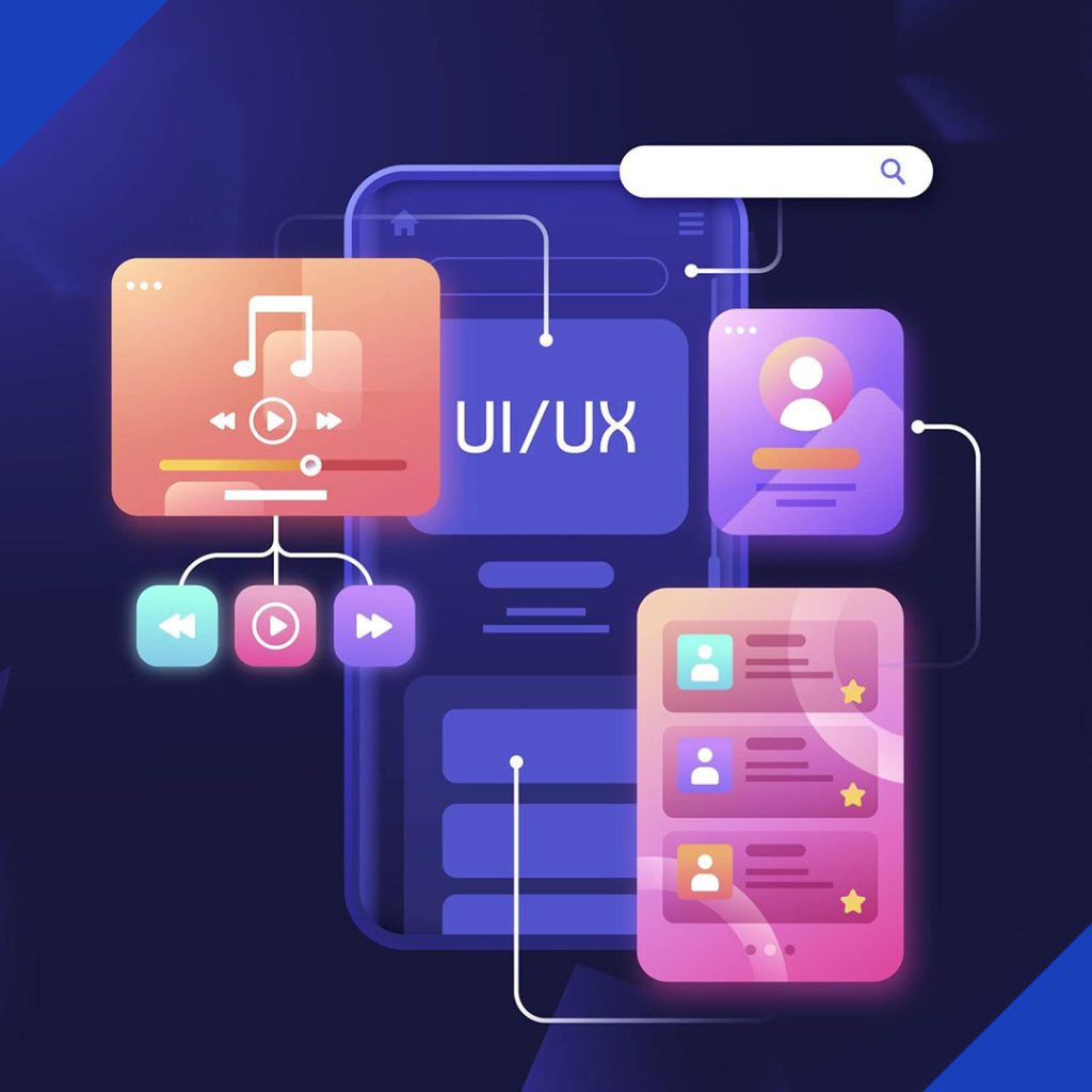 An illustration of a smartphone user interface with floating components for music, profiles, and listings, representing the expert UI/UX design services from JR Digital Media.