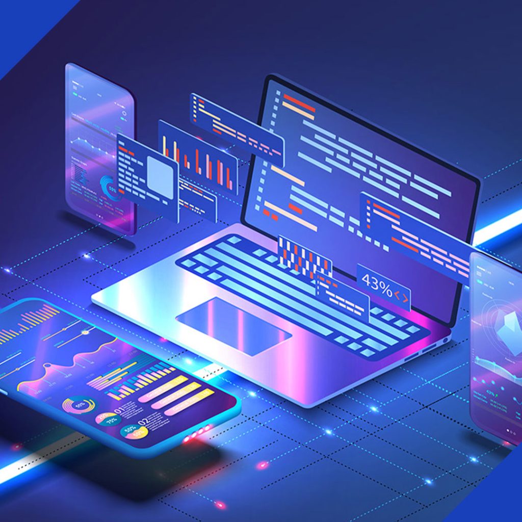 An illustration of a laptop and smartphones with floating code and UI elements, representing the custom website and app development services from JR Digital Media.